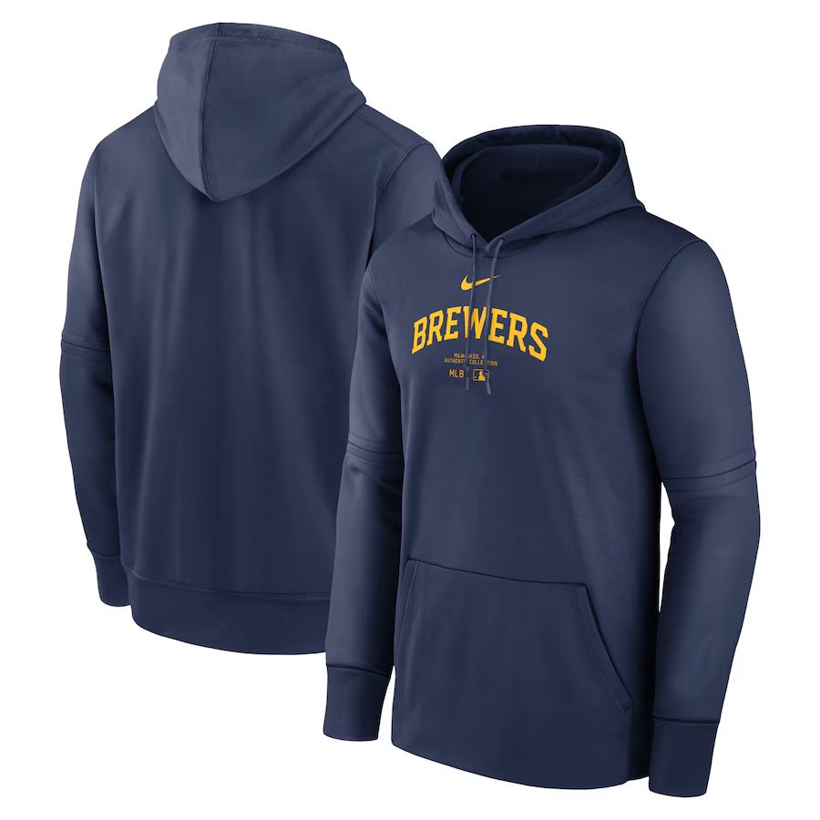 Men 2025 MLB Milwaukee Brewers Drak blue Nike hoodie style 2